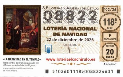 Anverso del d&eacute;cimo 08822 de la Loter&iacute;a de Navidad 2026, de Mota del Cuervo (Cuenca)
